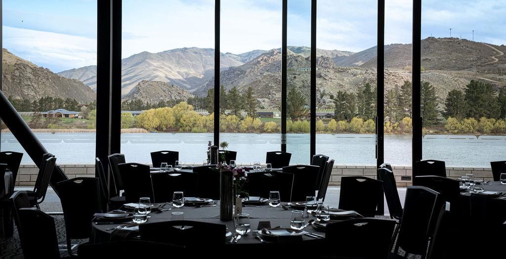 Dining set up in the Lakeside XL Room overlooking the Kawarau River